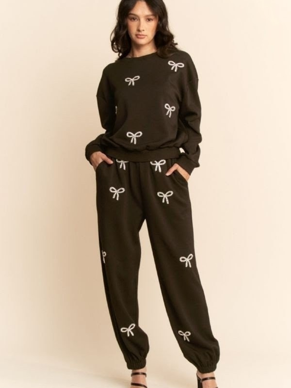 Black Rhinestone Embellished Scuba Knit Sweatshirt & Jogger Set